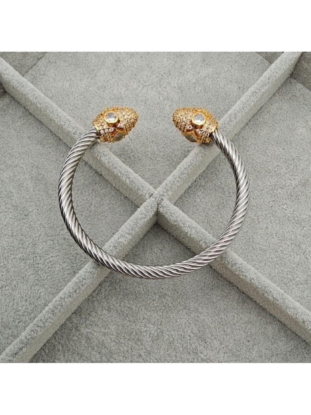 18k Gold Plated Dual Toned Stainless Steel Cable Twist Cuff Bangle, Rhinestones